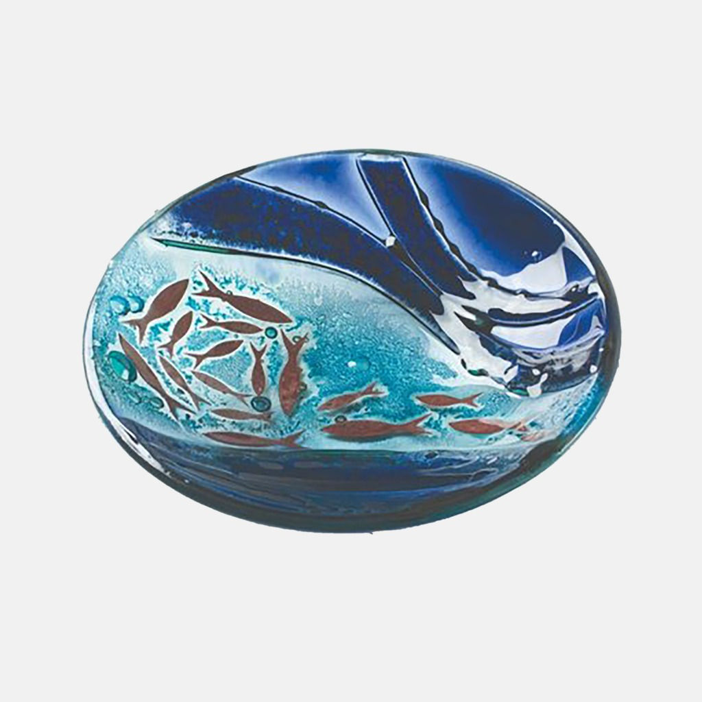 Contemporary Sennen medium deep dish features copperised  fish motifs swimming against the deep rockpools.