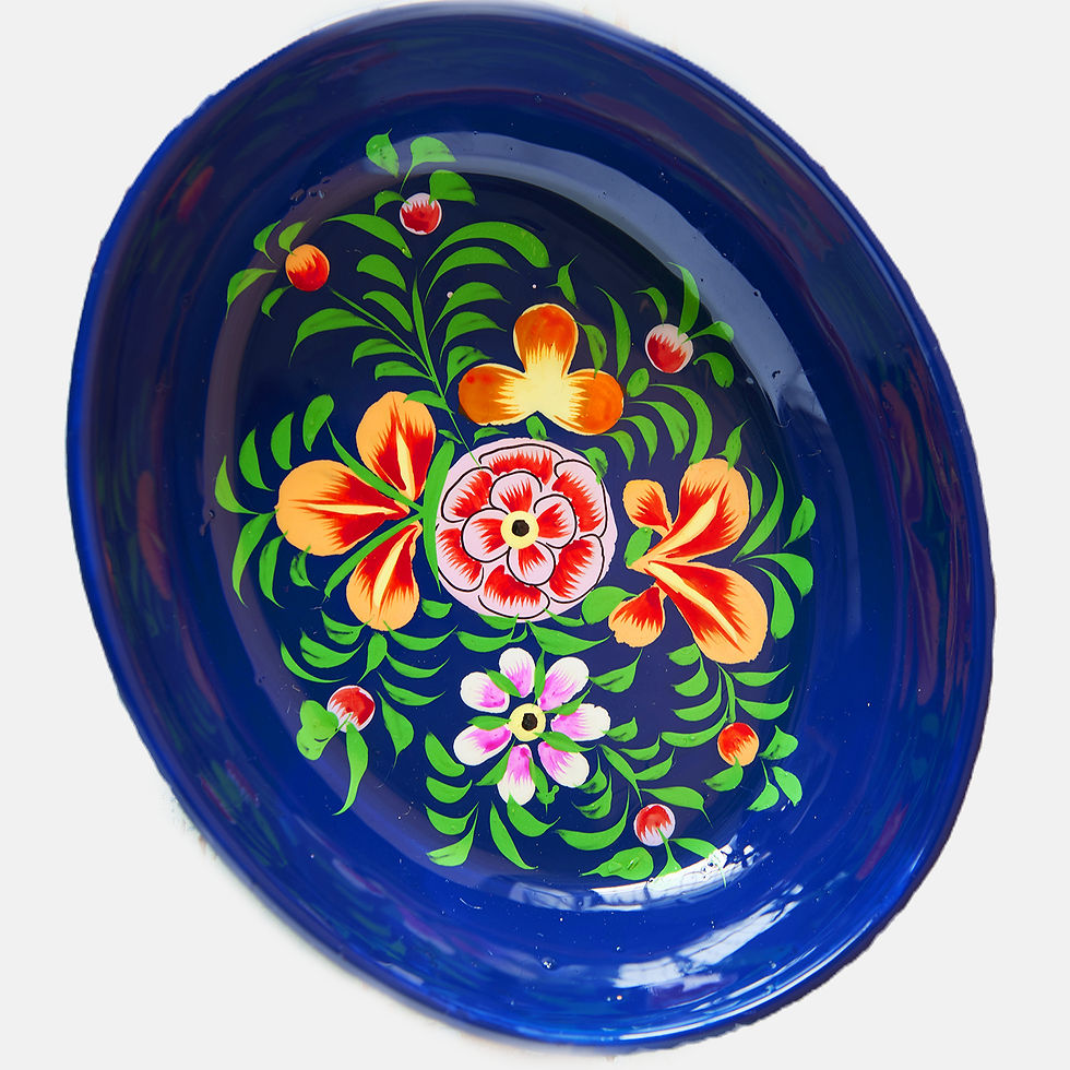 Glazed blue Hand painted oval trinket dish features intricate and colourful flower petals, delicate foliage and birdlife.