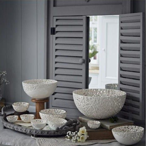 Thumbnail: Tangled Fragment Decorative Bowl - Small features a slanting filigree lace-like fragment in an off-white gloss glaze.