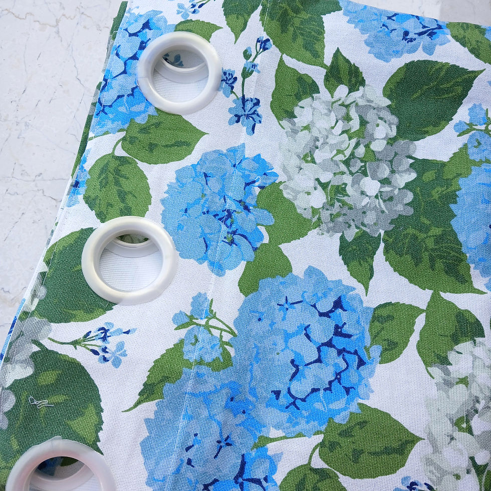 Thumbnail: Cottonhydrangea floral curtain featuring vibrant blue and white hydrangea blooms accented by fresh green leaves on white base