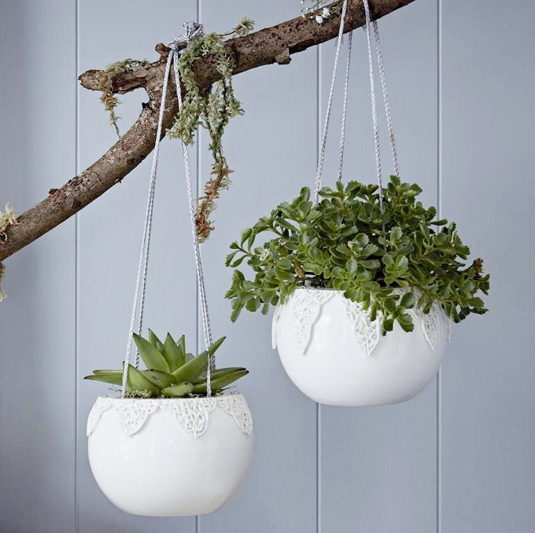 Thumbnail: Handcrafted Tangled Appliqué Indoor Hanging Planter with applique around the rim, finished with off-white gloss glaze.
