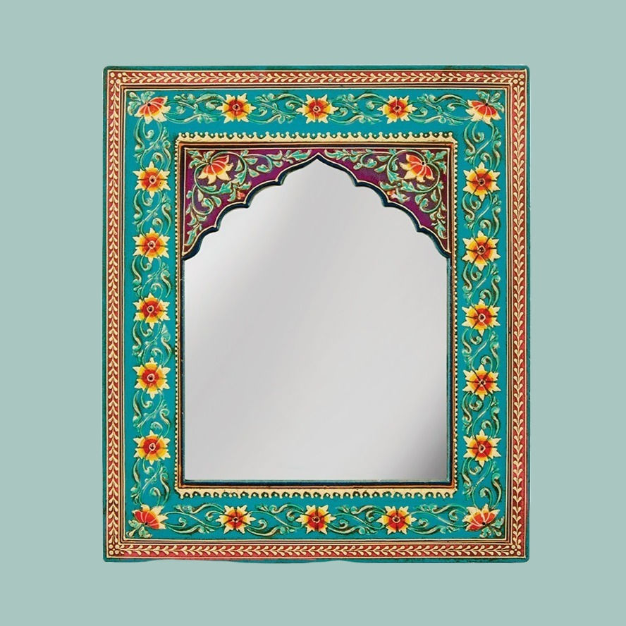 Hand painted floral wall mirror made from mango wood featuring a floral pattern on a turquoise base.