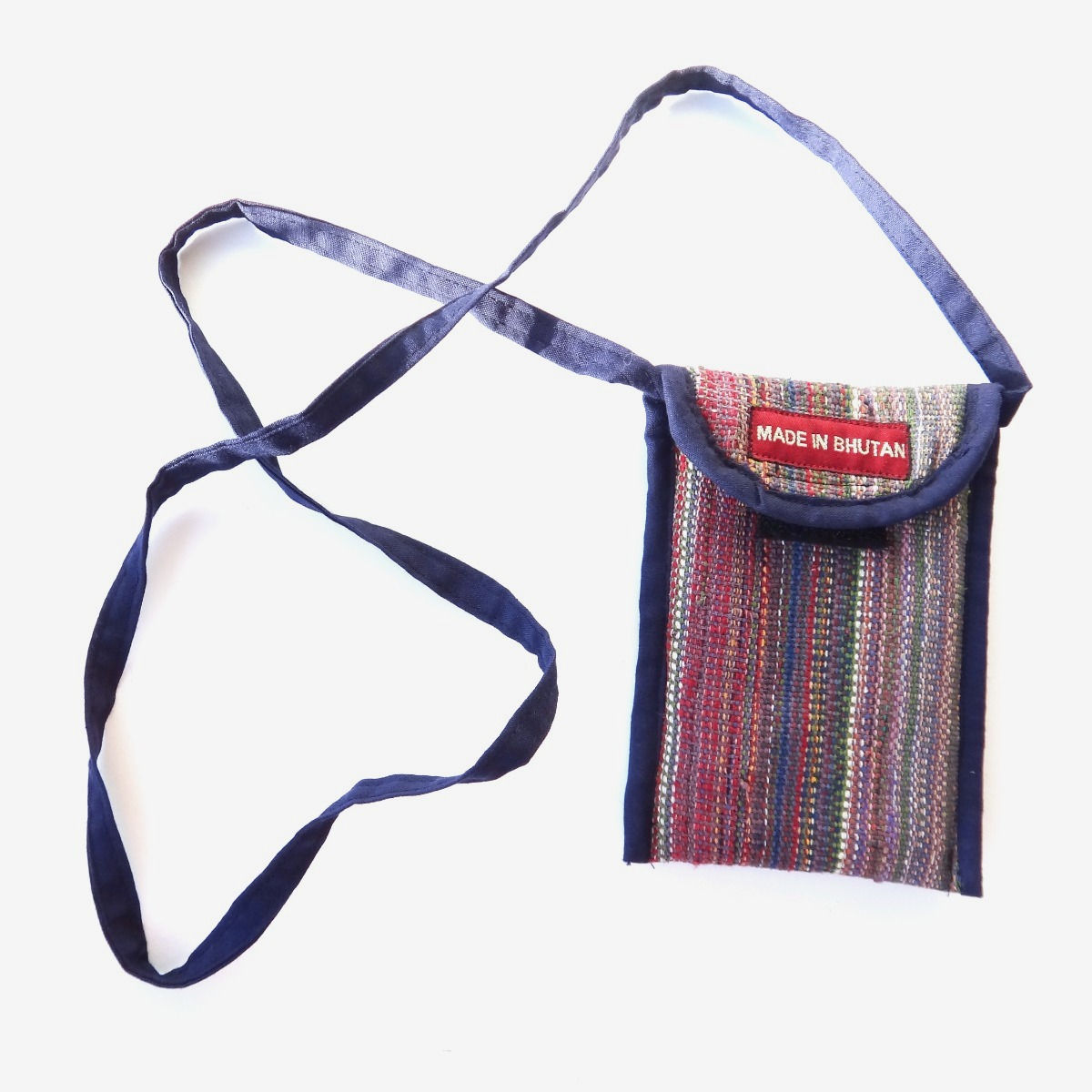 Envelope-shaped Handwoven Sling Bag featuring vertical colourful stripes handwoven using cotton yarn; and an ink blue sling.