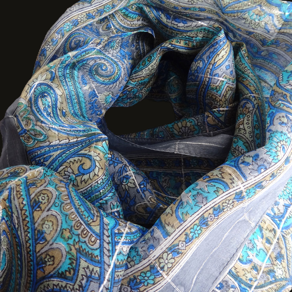 Indian paisley long silk scarf, beautifully adorned with bold blue paisley motifs embroidered in silk thread on a grey base.