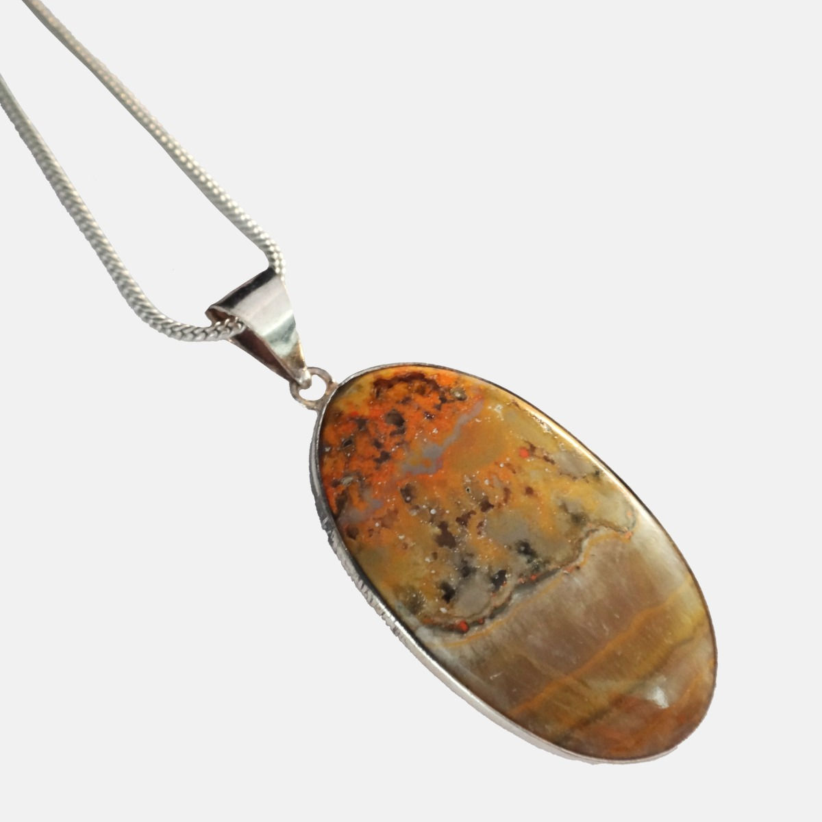 Oval  shaped Jasper Bezel Pendant Necklace with delicate silver chain.