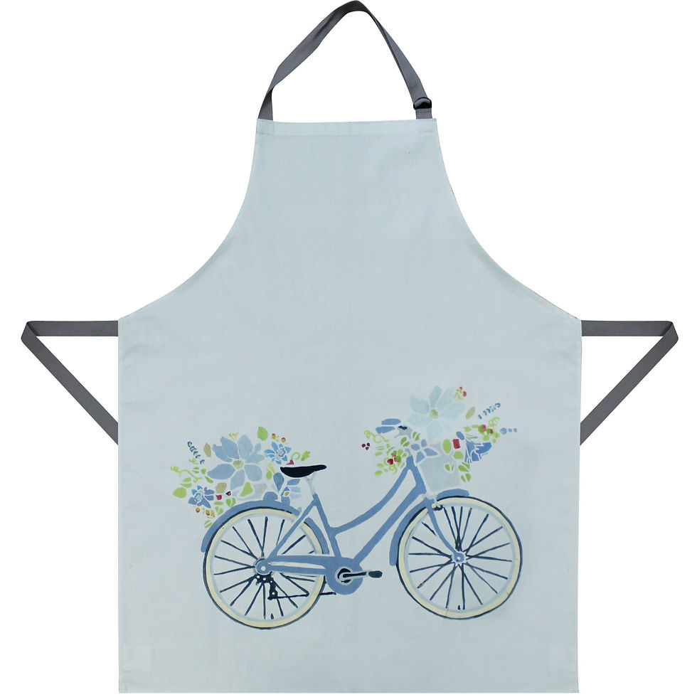 Thumbnail: Daisy Daisy Apron featuring a vintage-themed bicycle with a basket of flowers on the handle and back seat on a pale ble base.