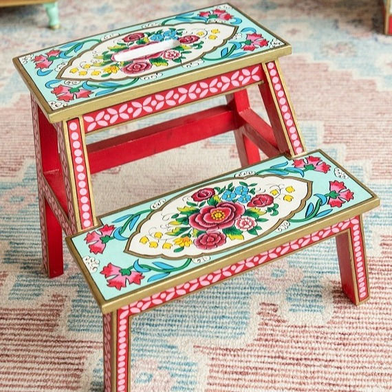 Hand painted step stool or platform handcrafted from mango wood, hand painted in floral Rishika design.