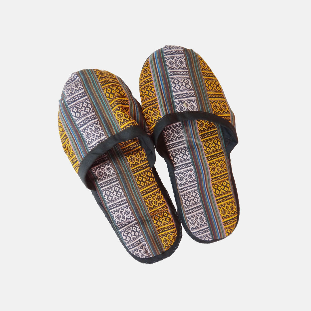 One-size striped Bhutanese travel slippers, beautifully crafted from a blend of cotton and silk.