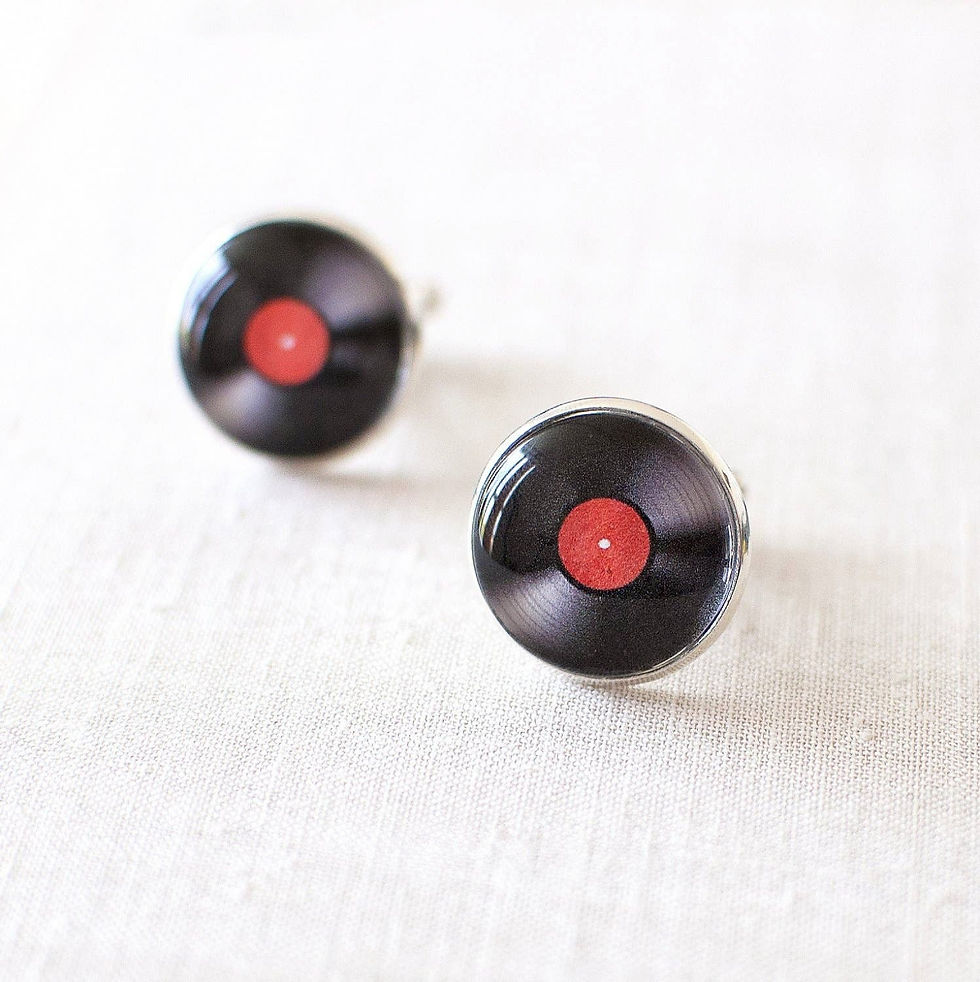Thumbnail: Round Vinyl Record Cufflinks boast a striking image of the typical vinyl record in black and red,  with a polished finish.