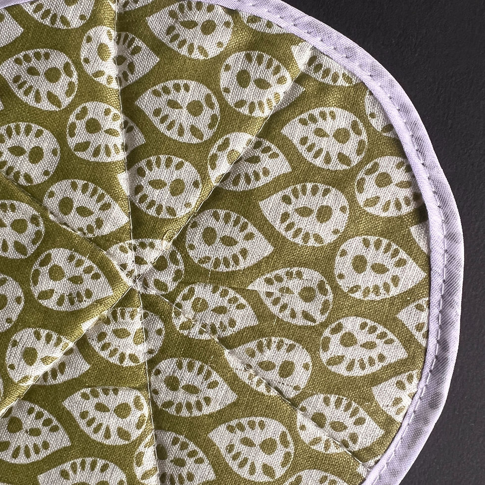 Thumbnail: Ikat Handcrafted Hob Cover featuring repeat white leaf pattern on a green base.