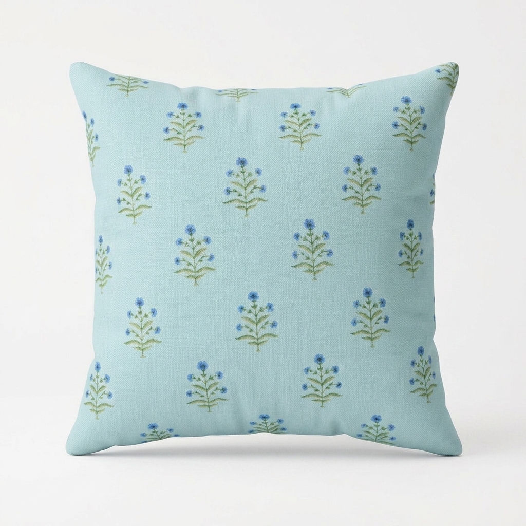 Cotton floral cushion cover, featuring a delicate floral botanical motif set against a soft sage green background.