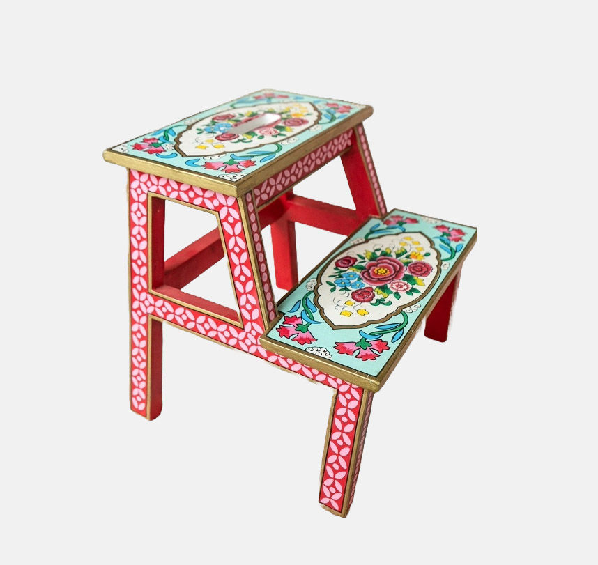 Hand painted step stool or platform handcrafted from mango wood, hand painted in floral Rishika design.
