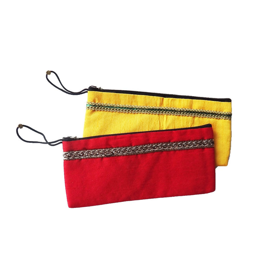Thumbnail: Two raw silk pencil pouches in red and yellow with a zipper and adorned with exquisite silver embroidered appliqué work.