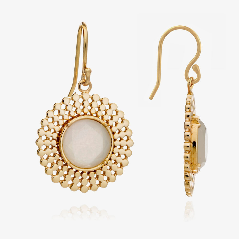 Round 22kt gold-plated brass disc pendant with intricate mesh detailing that's suspended from a chain.