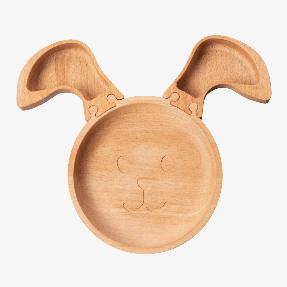 Eco-friendly Kids Wooden Jigsaw Rabbit Plate with a rabbit face with engraving and separate ear compartments.