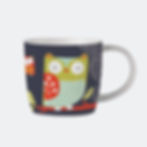Folkland Barn Owl Mug - Grey featuring colourful abstract Scandinavian designs with owls on a dark grey base.