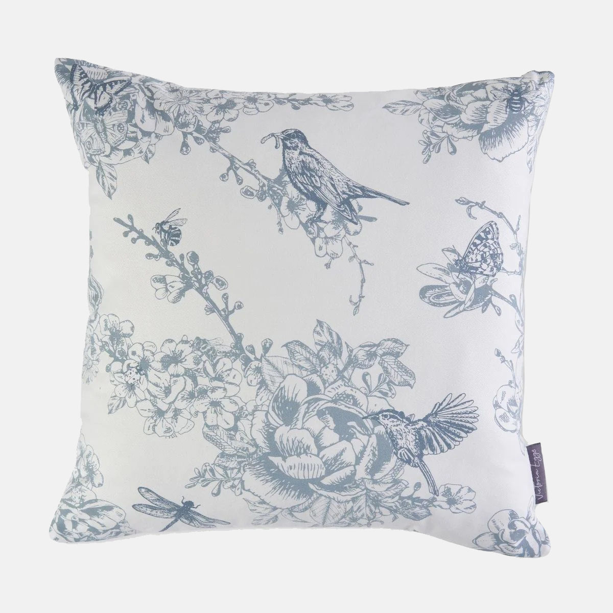 square cushion cover features blossoms, butterflies and birds of British spring time in a neutral colour on plain white base