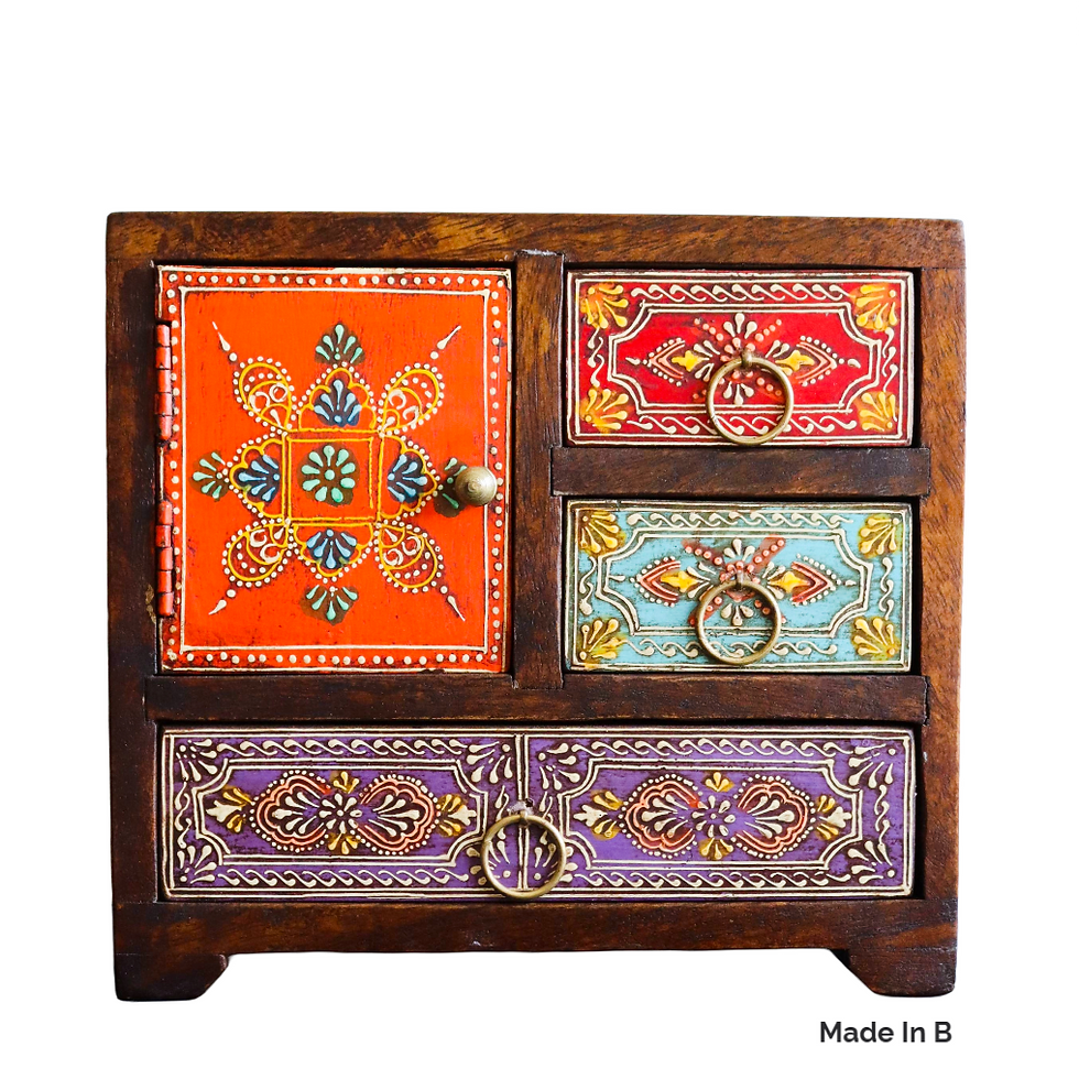 Thumbnail: Exquisitely hand-painted, this hand painted mango wood chest features three drawers and a petite door