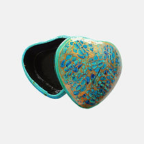 Hand-Painted Heart Paper Mâché Trinket Box with intricate turquoise and gold floral.