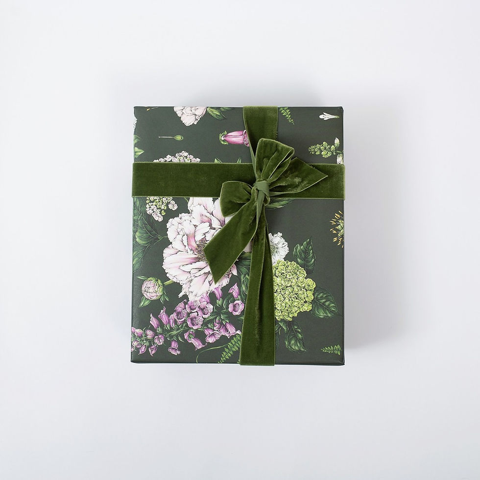 Thumbnail: Eco wrapping paper with summer florals in white and pink scattered against a dark green base.