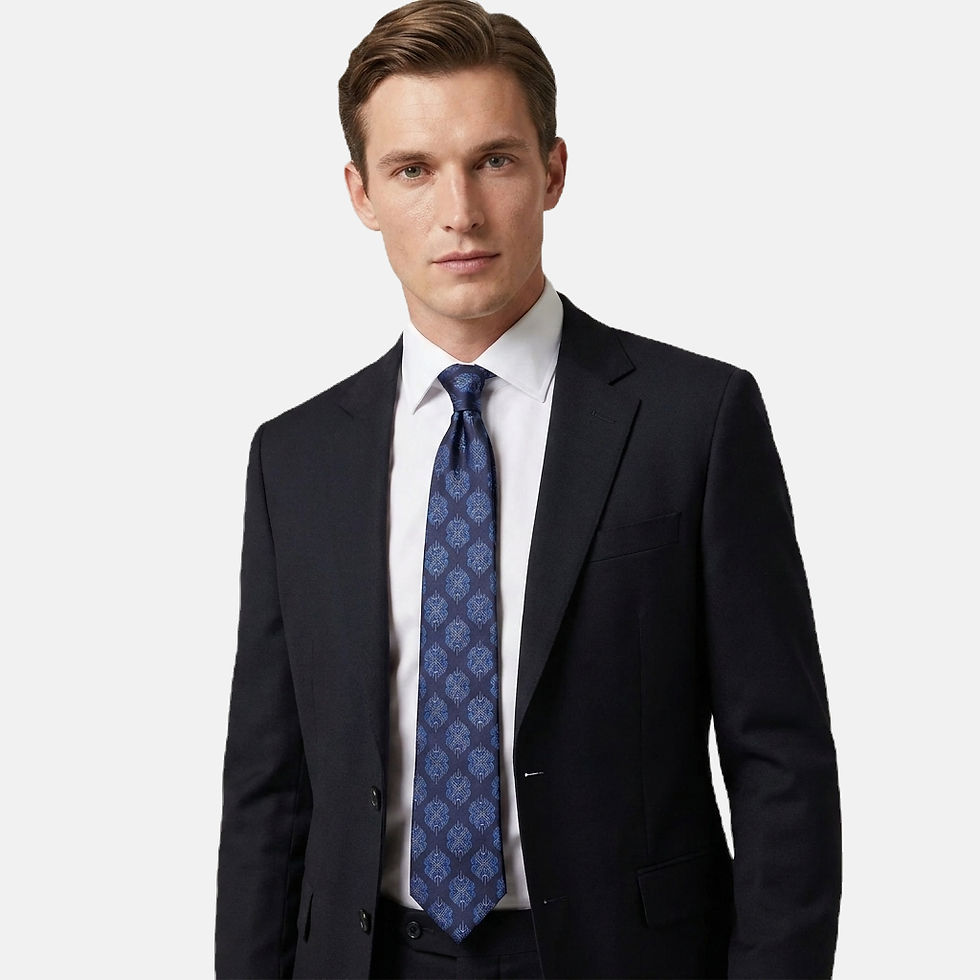 Man in a suit wearing silk twill Bhutan motif tie featuring a repeat pattern of blue and white motifs on dark blue base.