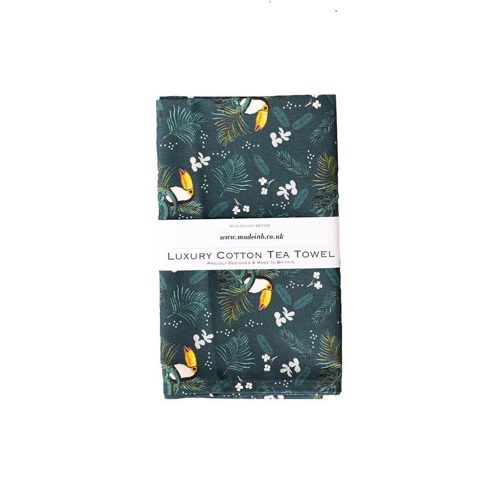 Thumbnail: Toucan (Noir) Tea Towel features yellow-billed toucans scattered on a dark leafy background.