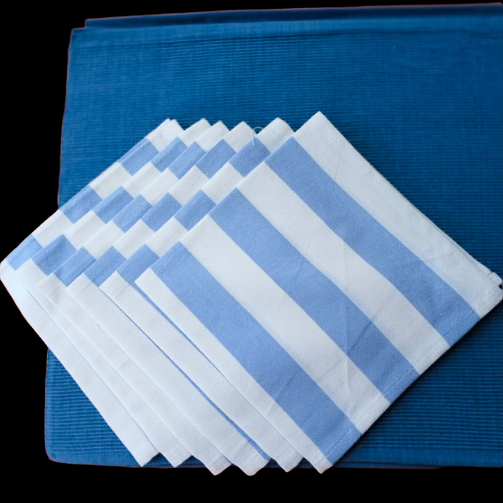 Coordinated coastal blue table placemats and striped napkins set.