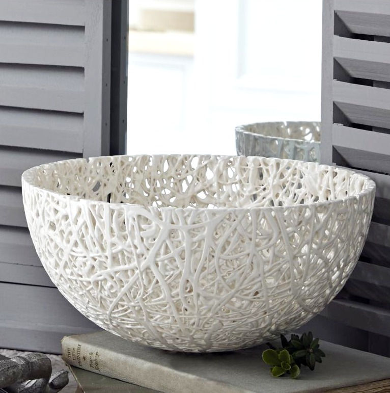 Tangled Fragment Decorative Bowl - Large features a tangled filigree lace-like fragment in an off-white gloss glaze.