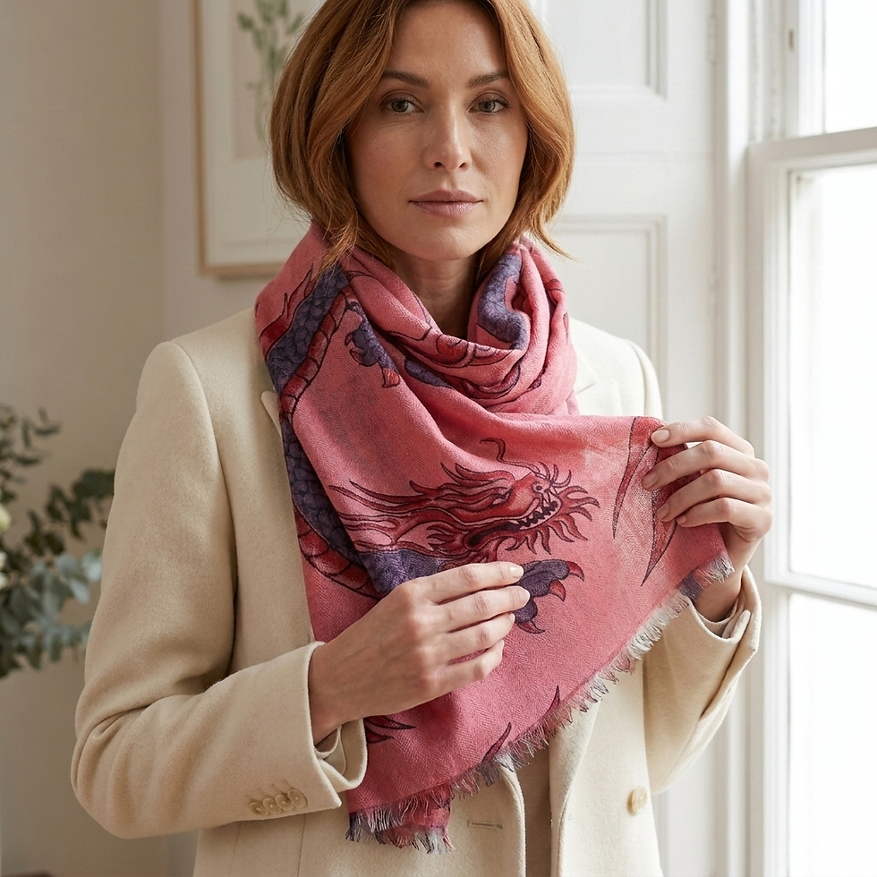 Woman wearing Cashmere Dragon Print Scarf featuring a captivating design of blue dragons on a pale pink base.