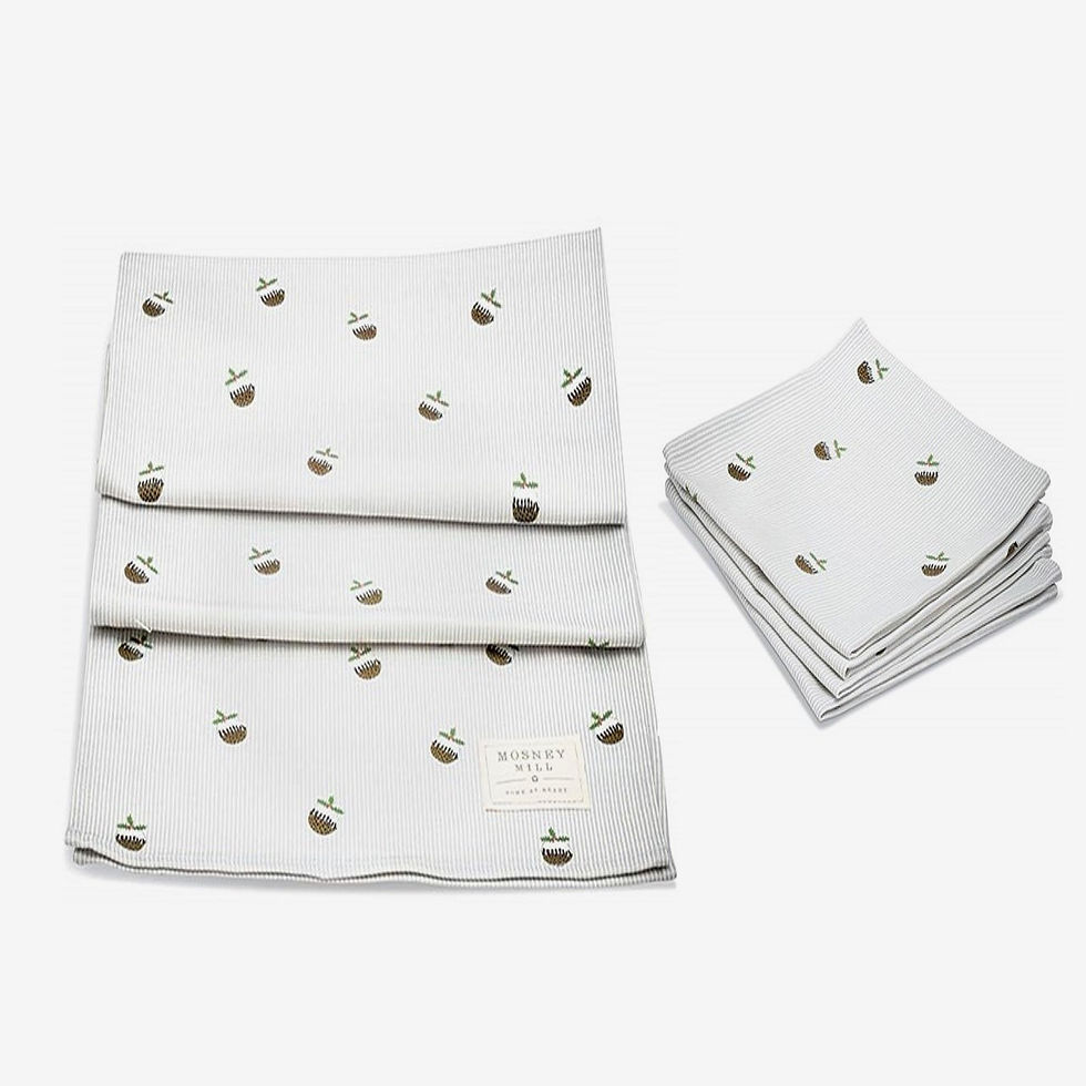 Thumbnail: Christmas Pudding Table Runner and napkin set featuring Christmas puddings scattered on a gentle striped background.