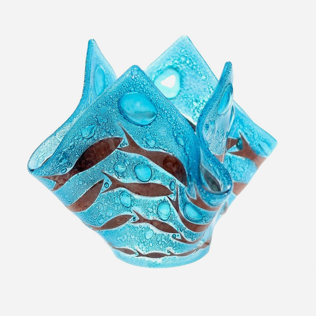 Cornish Pilchards Decorative Vase - Medium featuring a shoal of copper pilchard motifs against a fresh blue background.