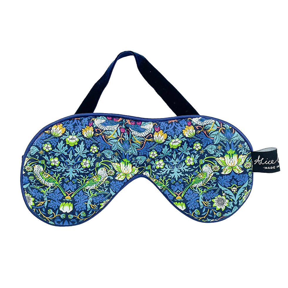 Thumbnail: Liberty Strawberry Thief  Songbird Eye Mask, piped with navy blue satin,  midnight blue velvet on the back and strap.