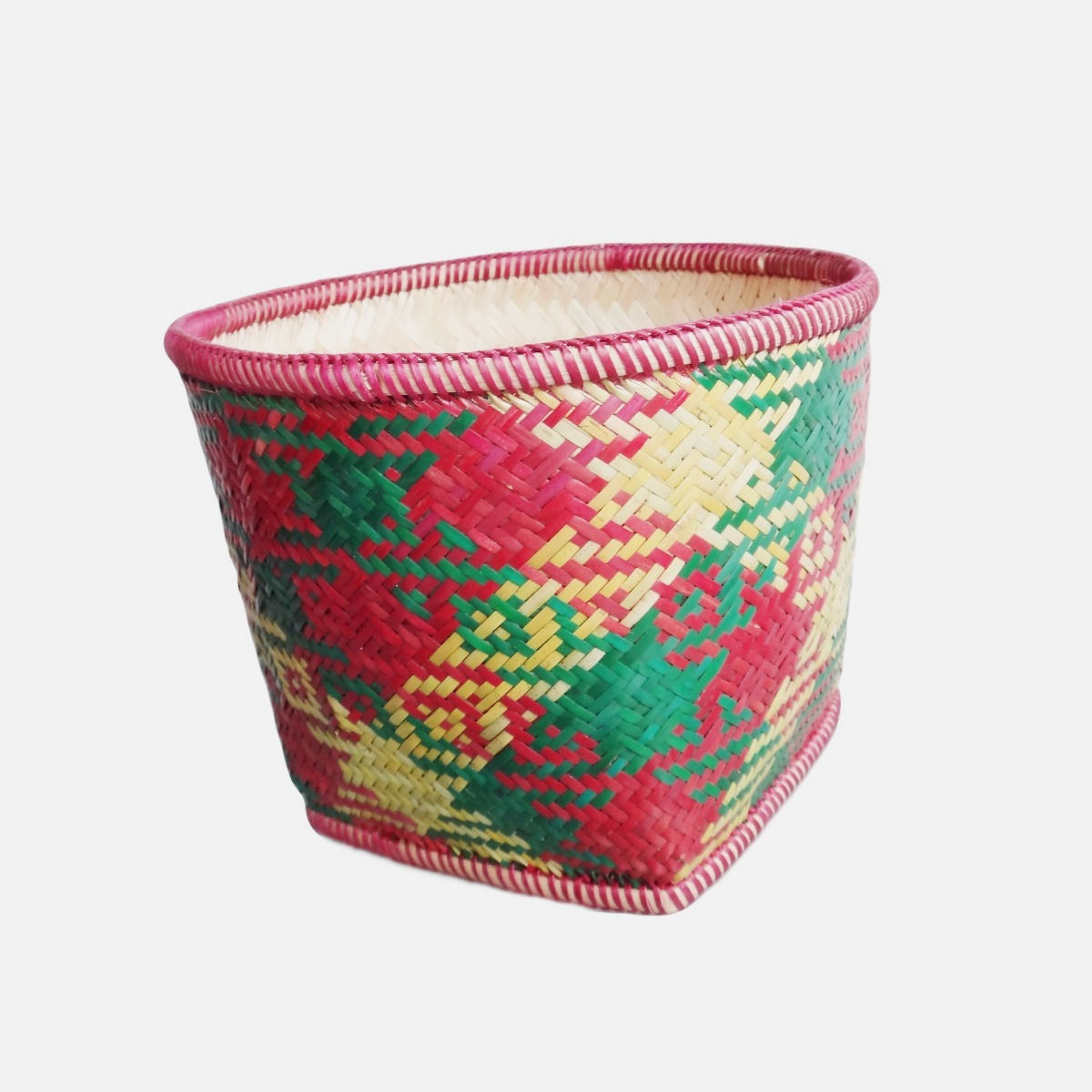 Handwoven Bamboo Basket - Lakchung storage container is made of fine strips of  red green and yellow dyed bamboo.