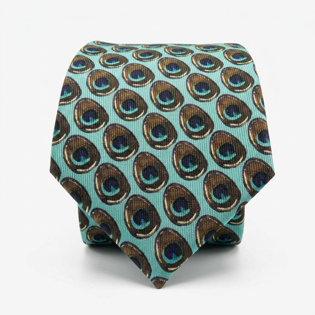 Handmade pure silk peacock feather motif tie featuring a repeat pattern on a lovely turquoise  base.
