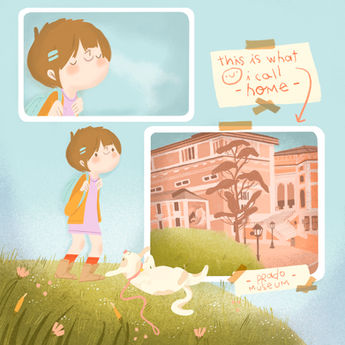 "Day at the Park" illustrated strip by Felilustra, created in Procreate in 2021. This digital painting captures personal reflections on nature, art, and home, focusing on a peaceful walk in the park and connecting with memories from her hometown.