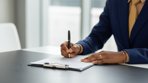 Person in a blue suit signing a document on a clipboard at a table. Background shows blurred windows. Mood is professional and focused.
