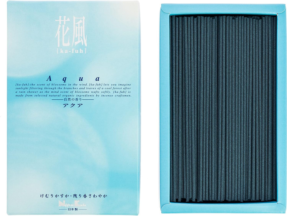 Aqua incense sticks, Japanese text, blue box and background, ready to use.