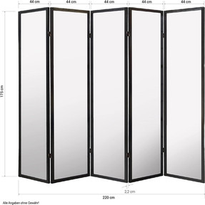 Zwarte kamerscherm met afmetingen, 220 cm breed, 175 cm hoog, 44 cm per paneel.