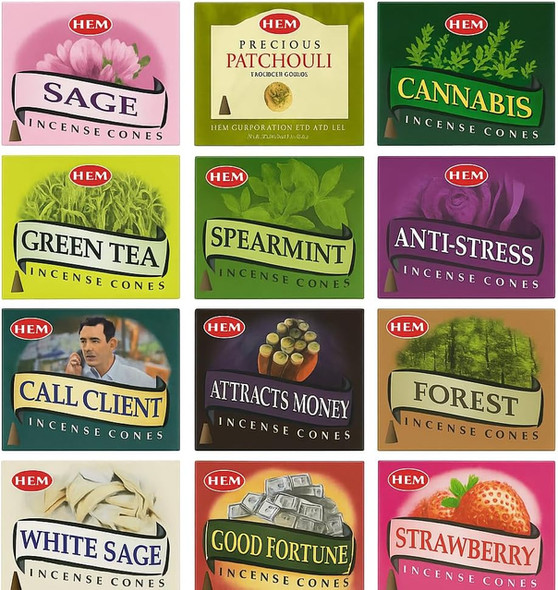 Various incense cone boxes with different scents including cannabis and forest.