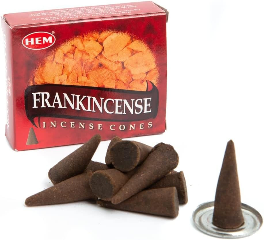 Frankincense incense cones with HEM logo are displayed, Zen and So.