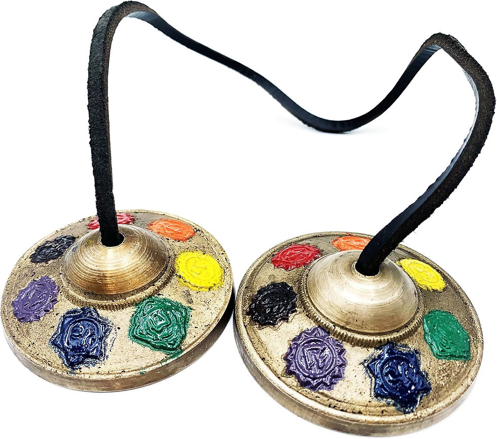 Tingsha (Tibetaanse bel), handgemaakt Indiaas vakmanschap, kleurrijk emaille ch, two cymbals with colorful enamel Zen and So