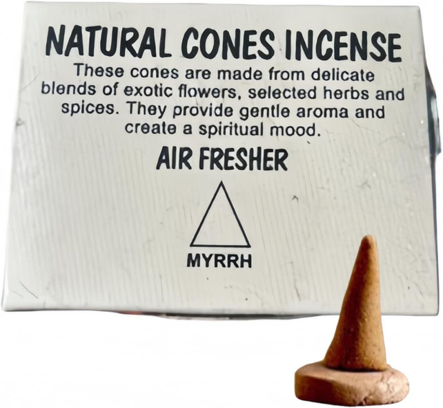 Incense cones with text: NATURAL CONES INCENSE, AIR FRESHER, and MYRRH on package.