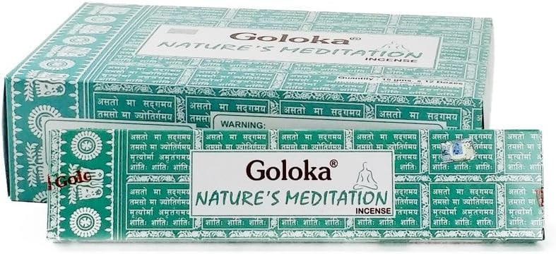 Goloka incense sticks, branded box, Nature's Meditation, green packaging and text details.