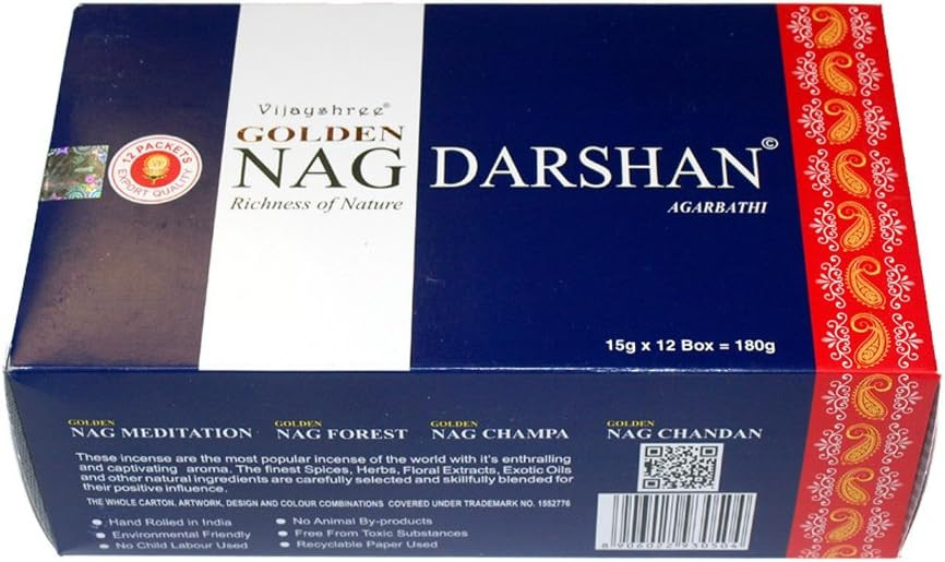 Golden Nag Darshan incense box, 12 pakjes. Meditation, Forest, and Champa flavors. Zen and So