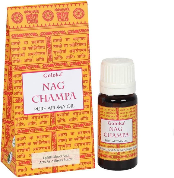 Goloka Nag Champa pure aroma oil bottle and packaging, Nag Champa etherische olie 10 ml.