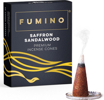 FUMINO Saffron Sandalwood Premium Incense Cones, with burning cone and smoke. Zen and So