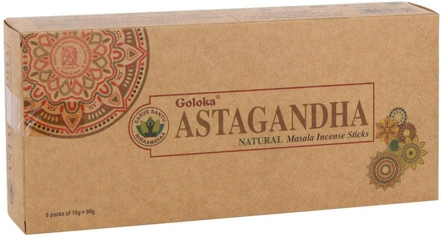 Doos met Goloka Astagandha. Natuurlijke wierookstokjes in bruine verpakking.