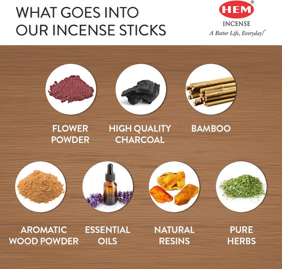 Incense sticks ingredients: Flower powder, bamboo, charcoal, oils, resins, herbs.