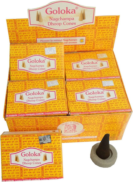 Goloka Nag Champa Incense Cones in a display box, Zen and So.