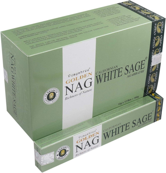 Golden Nag White Sage incense box, Golden Nag Wierook Darshan (12 pakjes), product packaging.